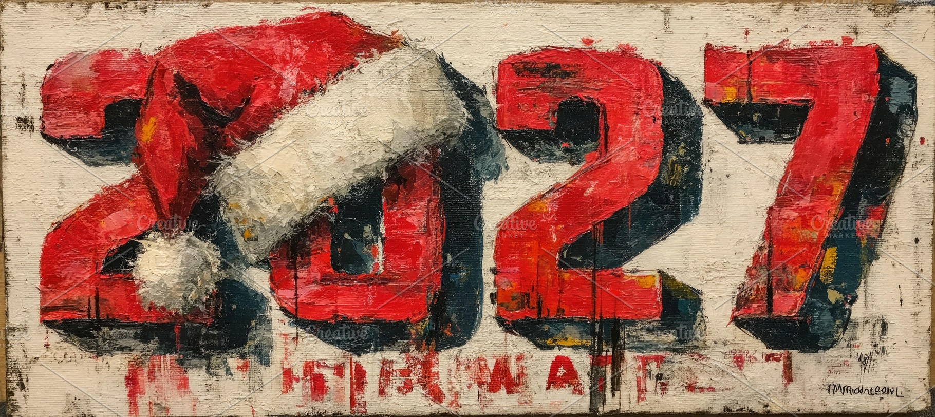 Hand painted red 2027 holiday numbers with Santa hat on distress, a Holiday Photo by José Manuel Gelpi