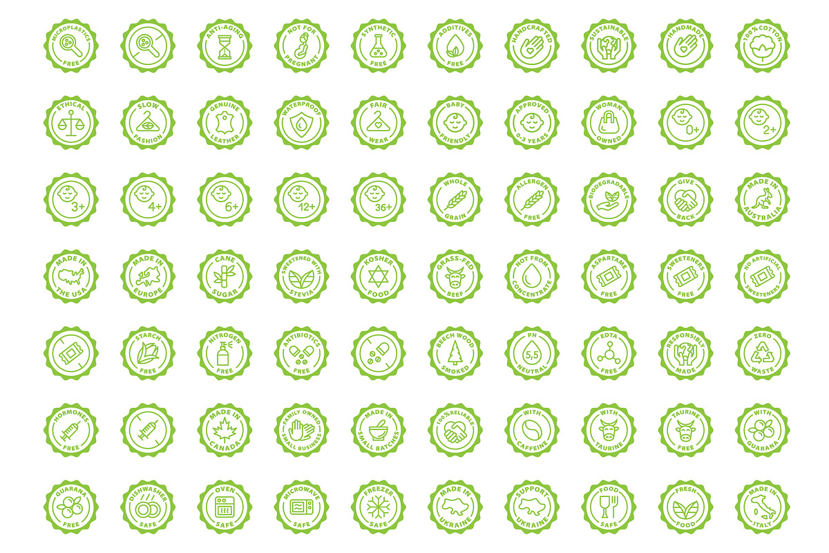 Eco, bio and quality green stamps, an Outline Icon by RevolutionizZed (Photo 10 of 11)
