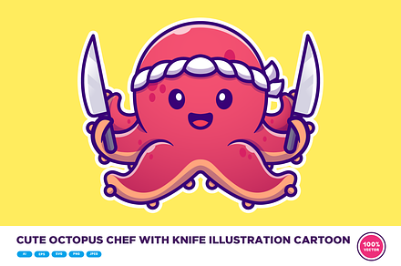 Cute Octopus Chef With Knife Cartoon, an Animal Illustration by Catalyst Labs