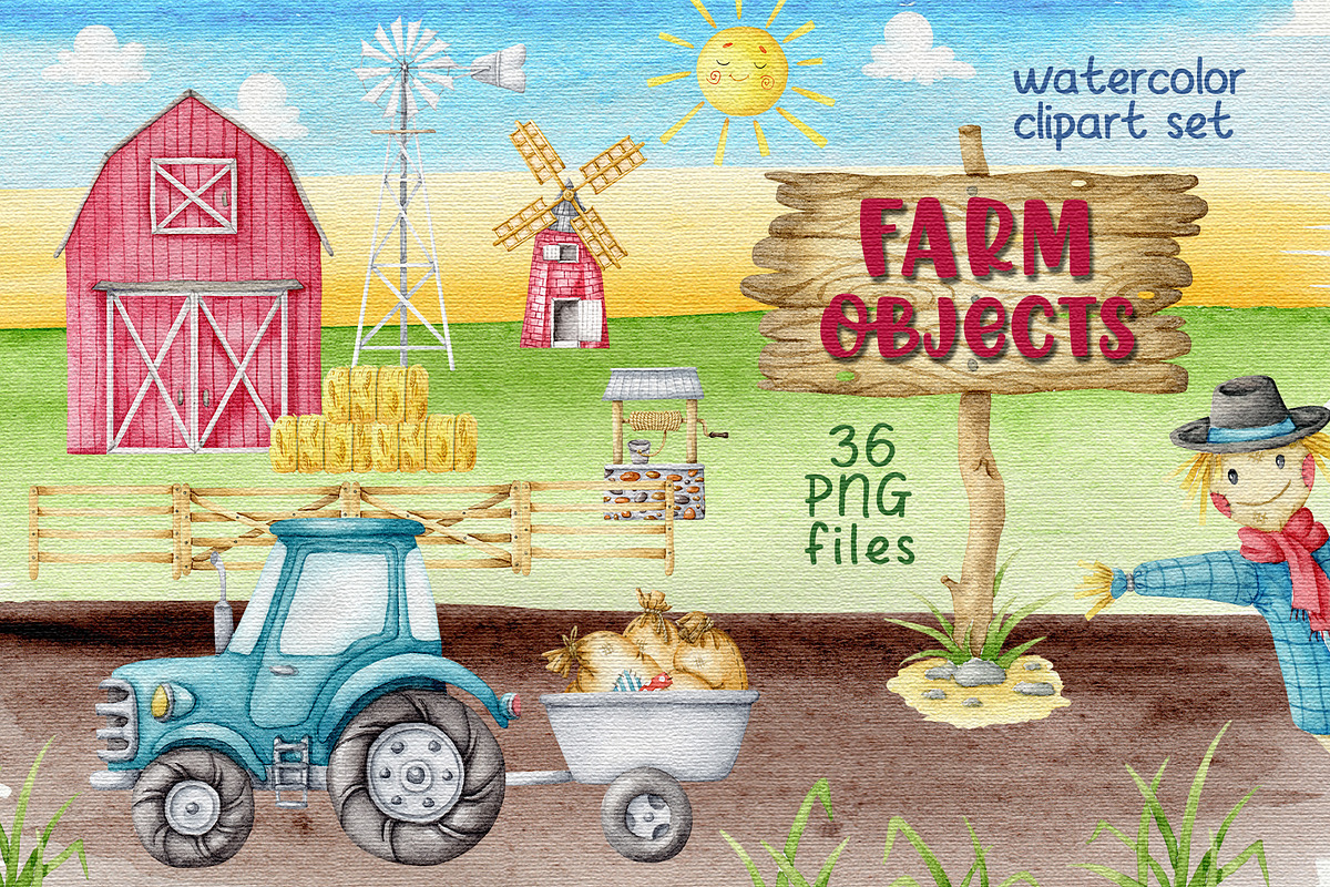Farm objects watercolor clipart, an Object Graphic by Trinibis (Photo 1 of 5)