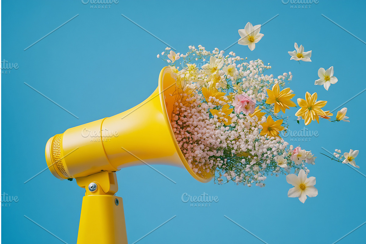 Bright yellow megaphone with flowers, an Object Illustration by Beautiful things