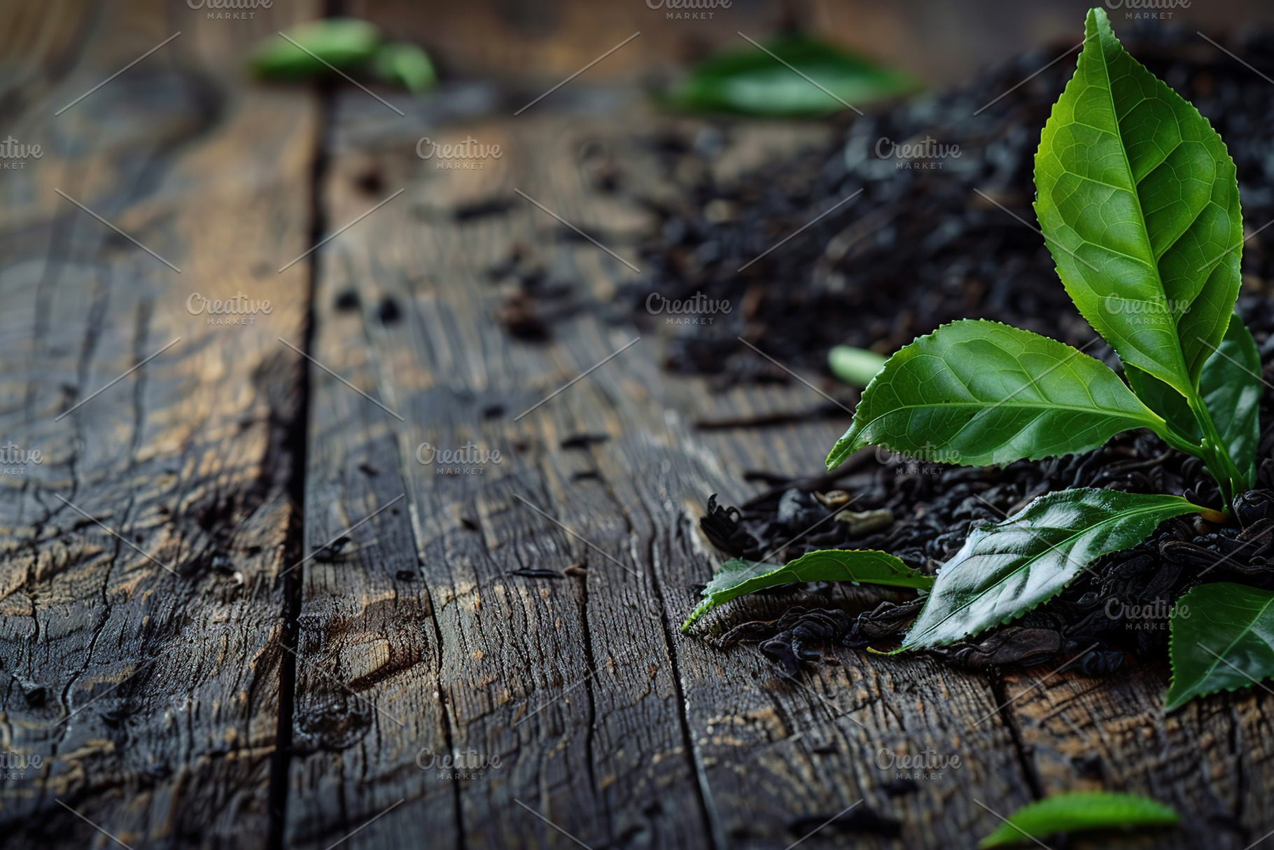 Dry tea leaves and fresh green tea leafs on wooden background, a Food & Drink Photo by AlyaAnd