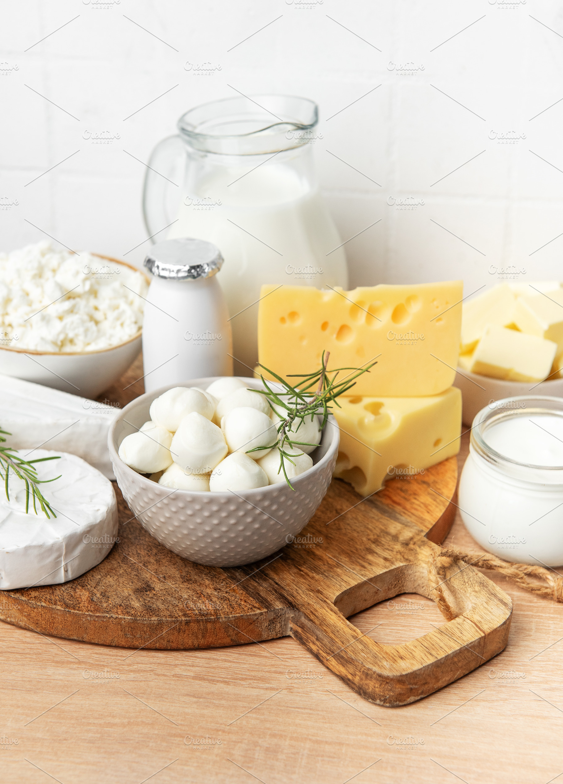Dairy products assortment including cheese, milk, yogurt, a Food & Drink Photo by Olena Rudo