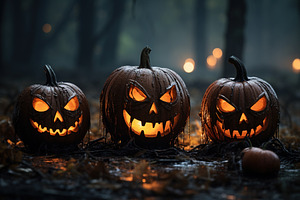 Scary Smiling Pumpkins In Dark Fores