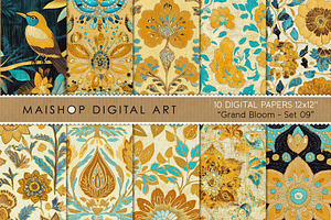 Floral Bird Digital Paper Set