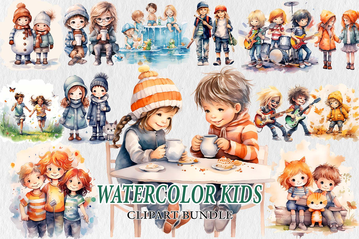 Watercolor Kids Clipart Design Bundl, an Illustration by Moon Studio (Photo 1 of 11)