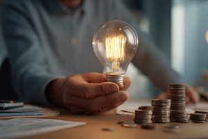 Light bulb and coins on a table, a Photo by Beautiful things