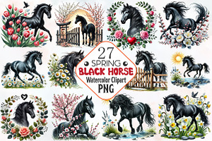 Spring black horse clipart, an Illustration by RobertsArt