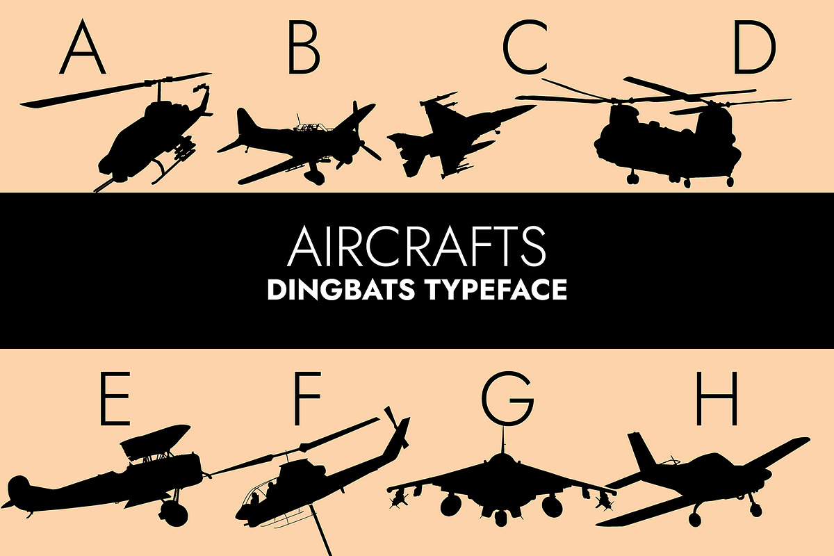 Aircrafts Silhouettes Dingbats Font, a Symbol Font by Minimalartstudio (Photo 1 of 8)