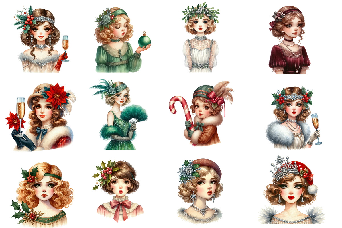 1920 Coquette Christmas Girls Clipar, an Illustration by Designworld (Photo 2 of 5)