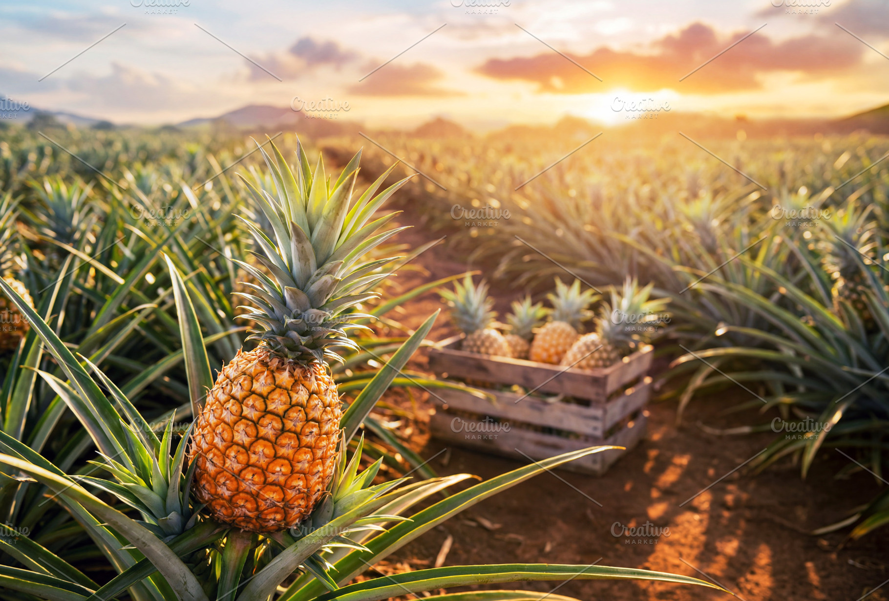 Pineapple growing on a plantation, a Food & Drink Photo by Volff