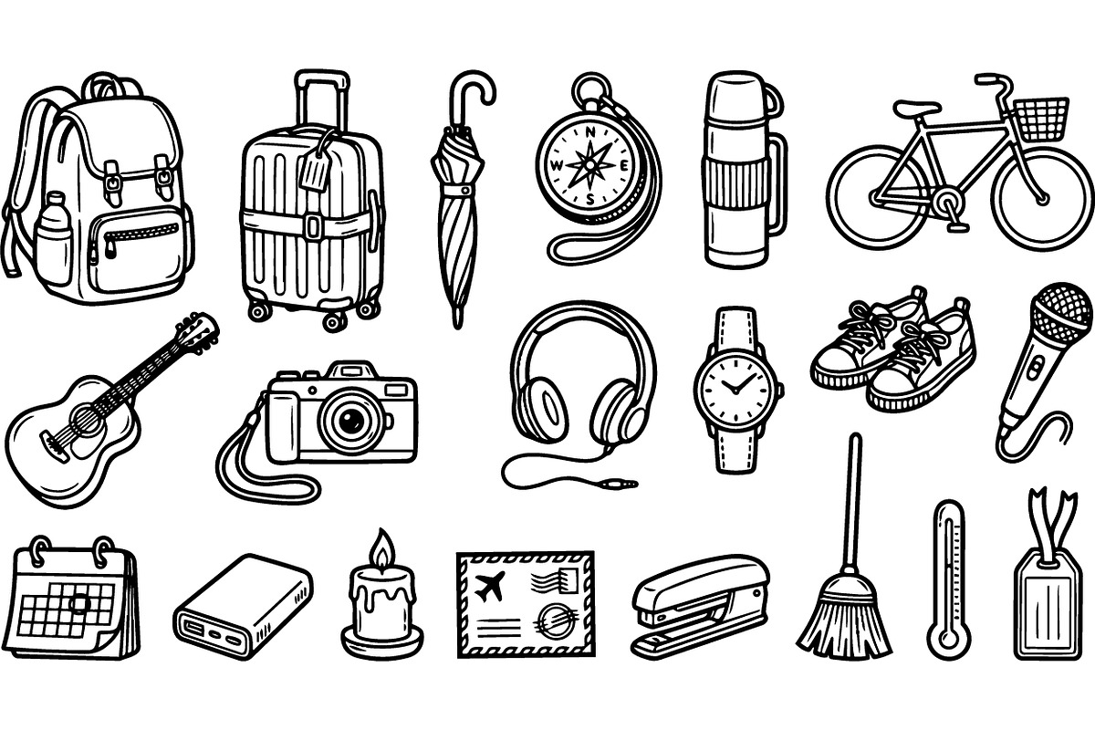 Travel Essentials Line Art Set, an Illustration by designvectx (Photo 2 of 3)