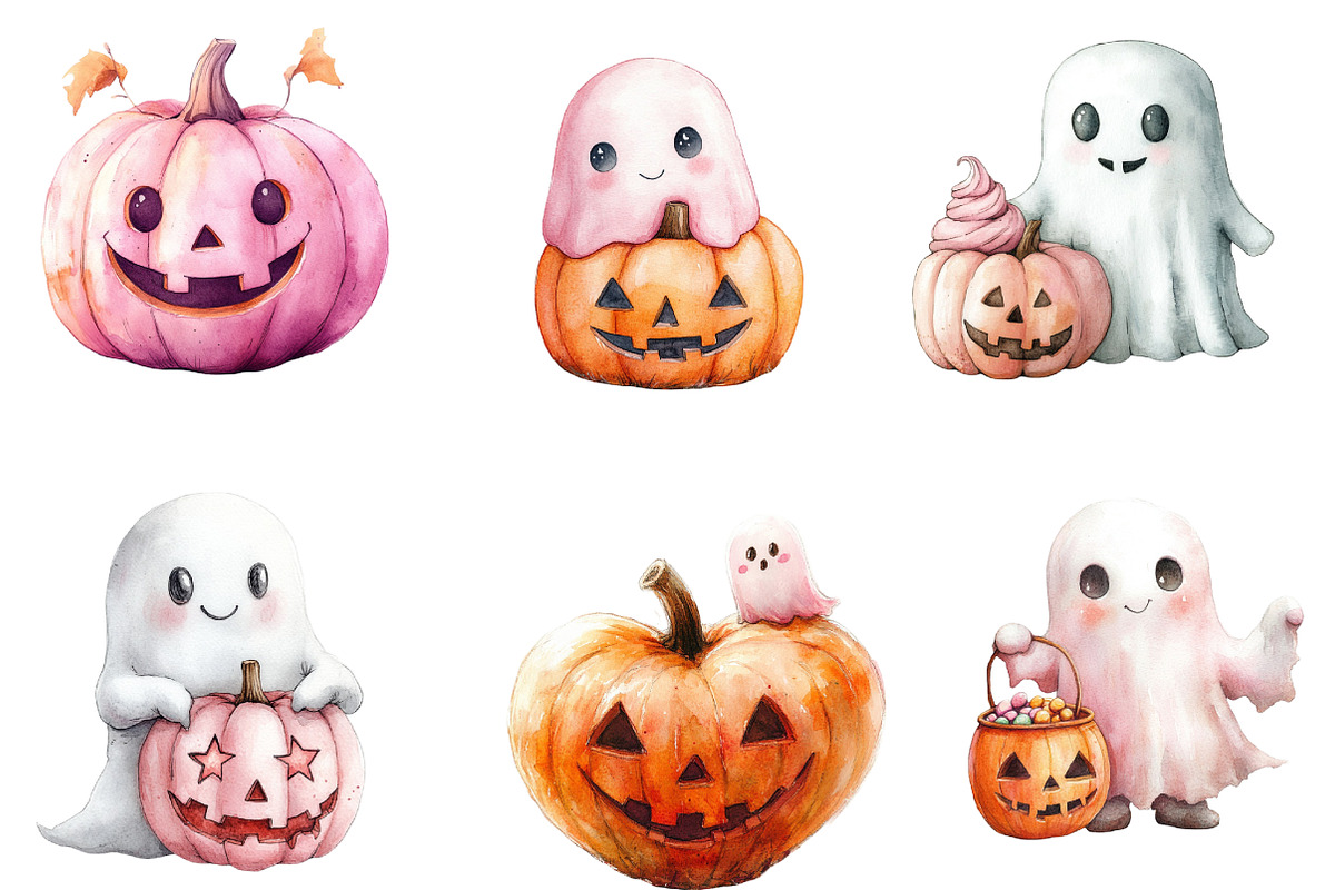 Cute Pink Ghost Pumpkin Halloween B, an Illustration by DreamArtGraphic (Photo 2 of 5)
