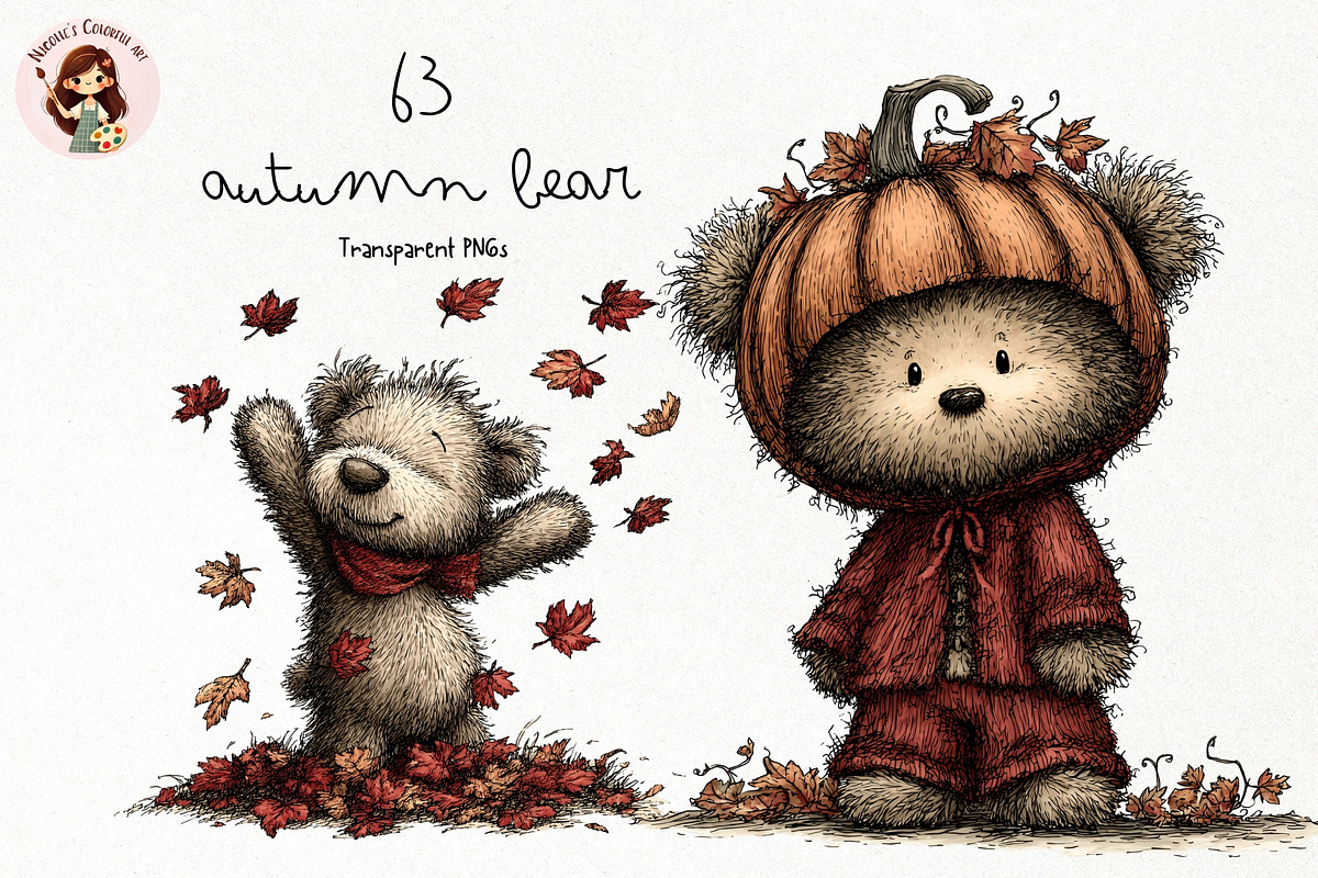 Autumn Bear PNG Clipart Bundle, an Animal Illustration by Nicolle's Colorful Art (Photo 1 of 6)