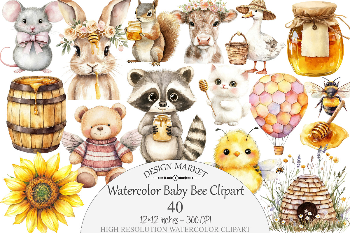Watercolor Baby Bee Clipart, a Seasonal Illustration by Design Market (Photo 1 of 4)