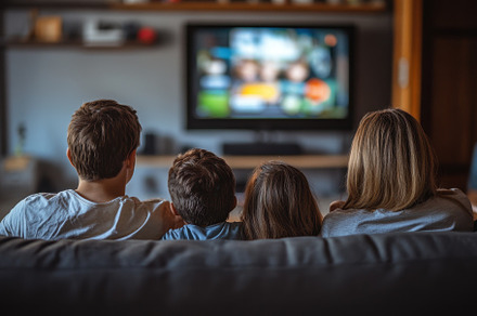 Back view of a happy family relaxing, a Photo by Pavel_design