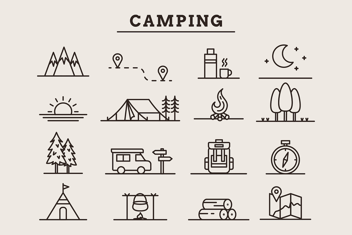 Camping line icon set, an Outline Icon by Saba Vector