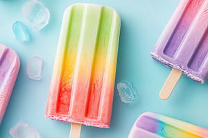 Colorful rainbow ice cream arranged on a light blue background with ice cubes, a Food & Drink Photo by AlyaAnd