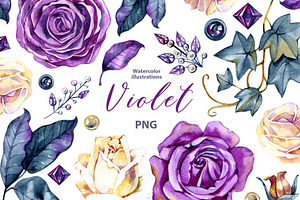 Watercolor violet roses and gems