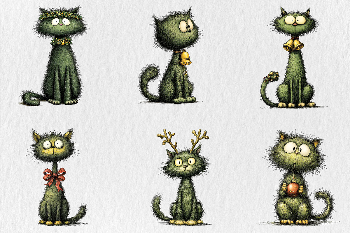 Whimsical Christmas Green Cats Clipa, a Seasonal Illustration by Rose Art (Photo 2 of 6)