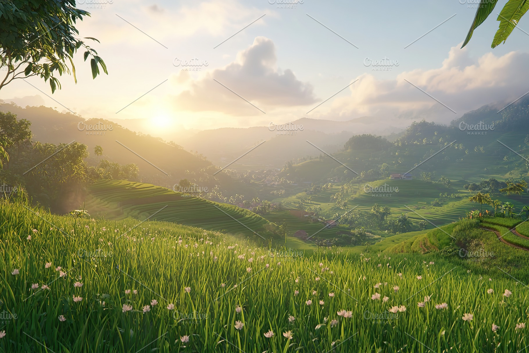 Rolling rice terraces in a lush landscape at sunrise in rural Asia, a Nature Photo by AlyaAnd