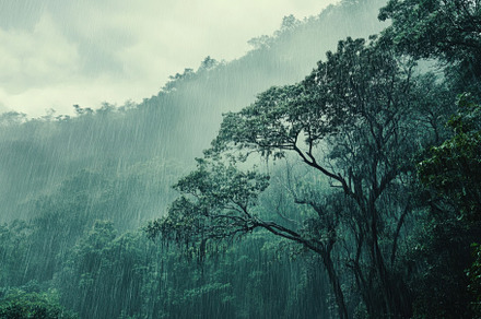 Trees on mountainside endure heavy r, a Photo by Iftikhar Alam
