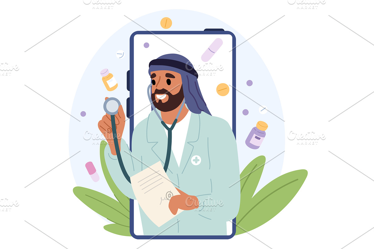 Arab male doctor on smartphone, a Healthcare Illustration by Vectorbuum