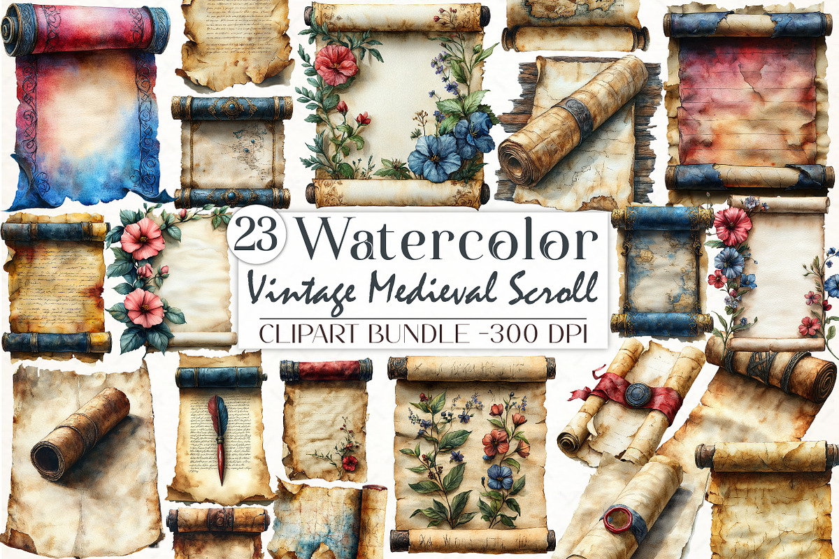 Vintage Medieval Scroll Clipart Set, an Illustration by Libby Wishes (Photo 1 of 4)