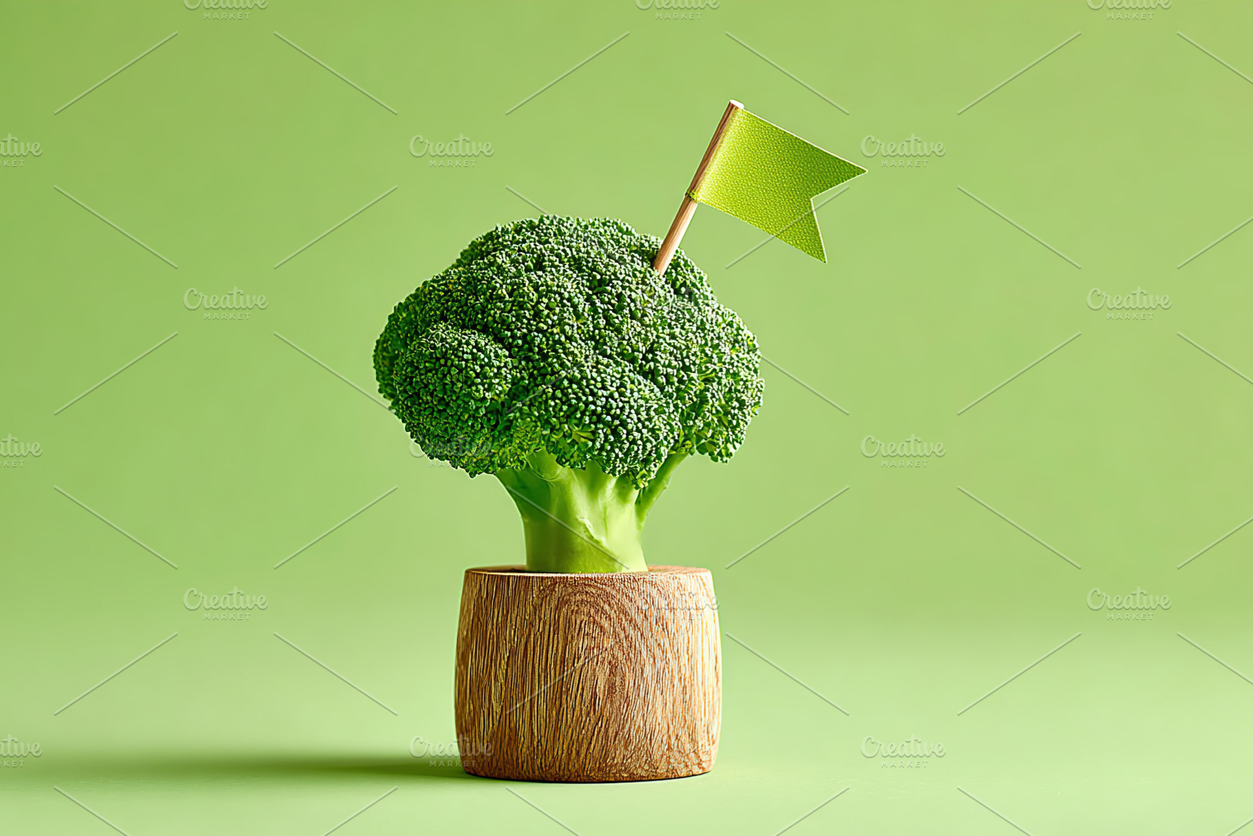 Broccoli decoration with toothpick flag standing on a wooden base in a minimali, a Food & Drink Photo by AlyaAnd