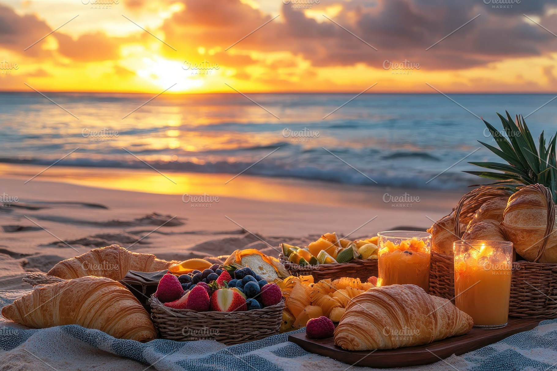 Delightful beach picnic spread, a Photo by Pavel_design