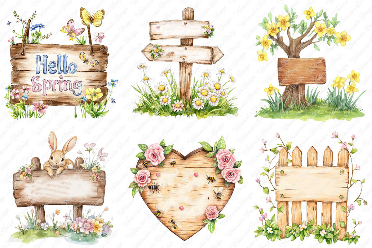 Spring Wooden Signs Clipart, an Illustration by Watercolor design (Photo 4 of 12)