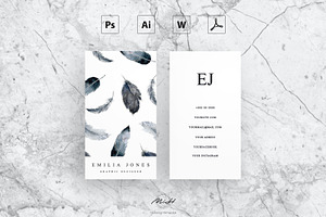 Watercolor feather business card