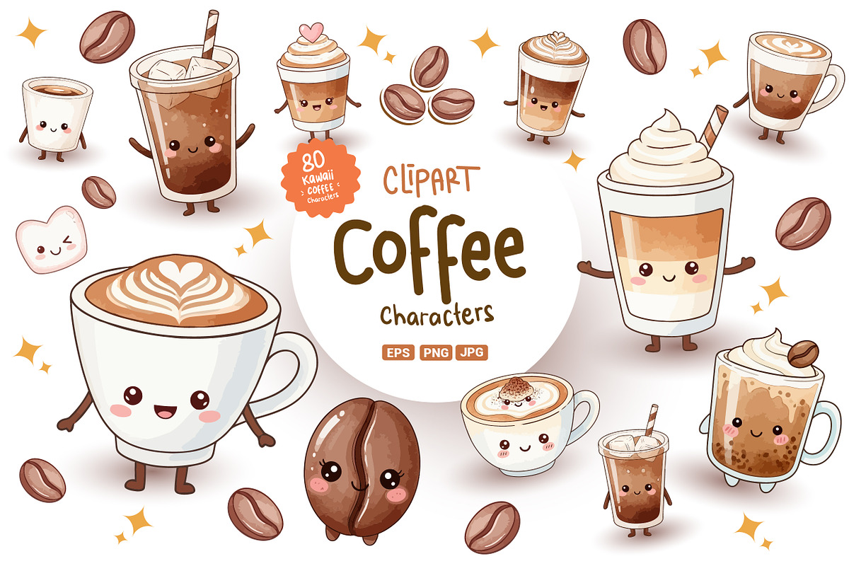 Kawaii Coffee Characters Sets, a Food Illustration by OtpirusGraphic (Photo 1 of 3)