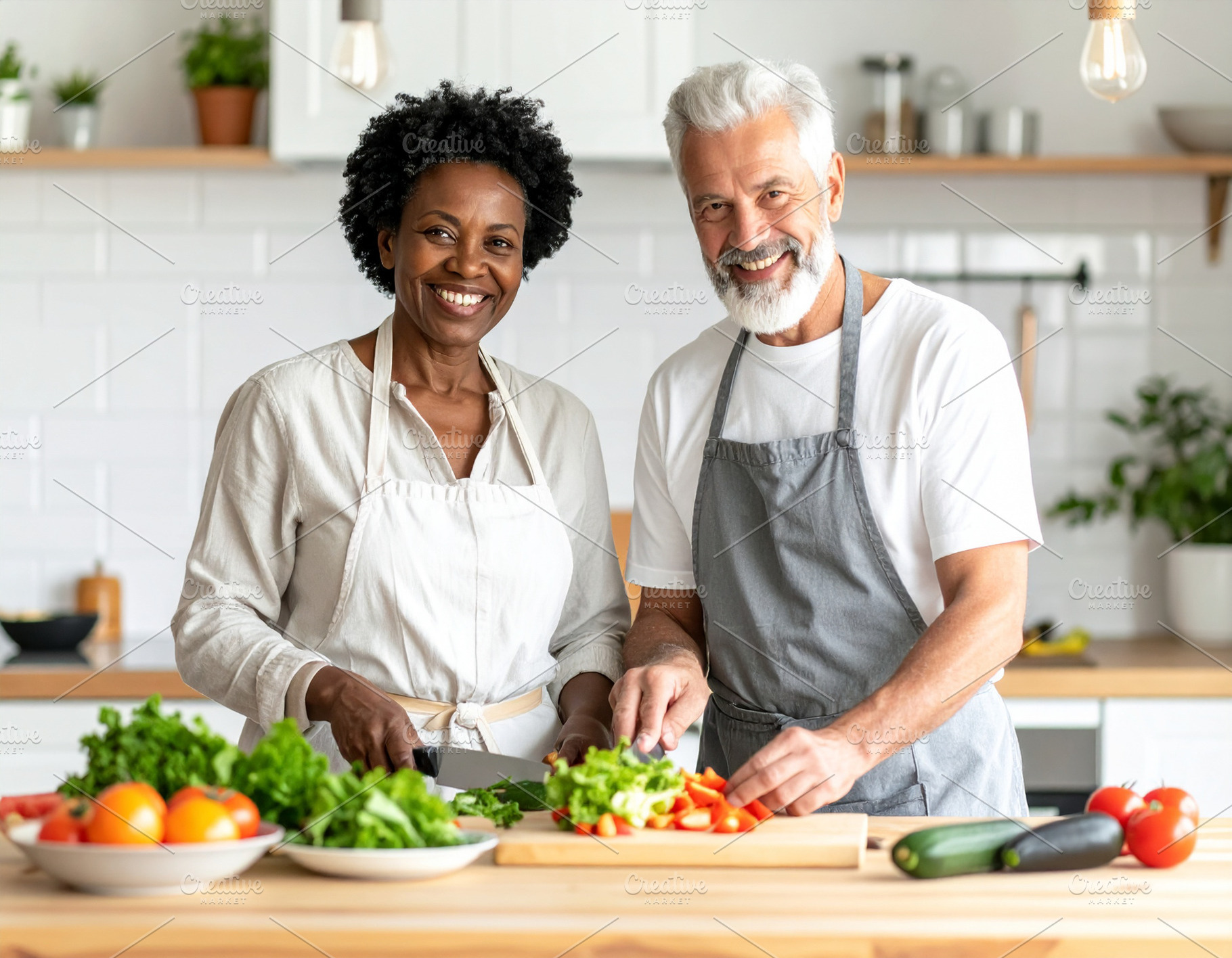 Diverse couple preparing a colorful salad in a bright kitchen, a Food & Drink Photo by DanFLCreativo