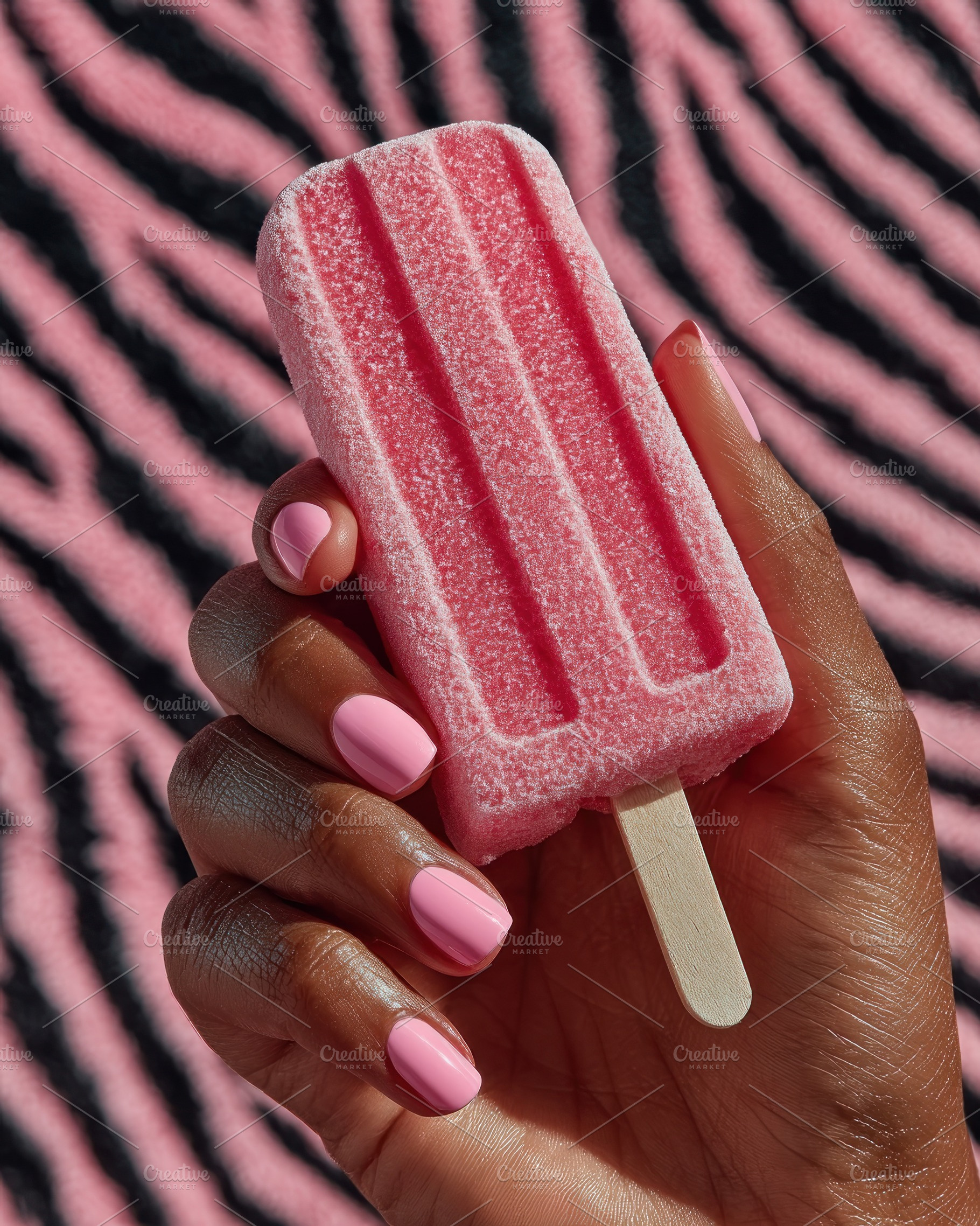 Frosted pink popsicle held by a hand with glossy light pink nail, a Photo by José Manuel Gelpi