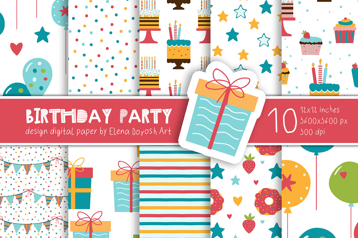 Birthday Party Cartoon Digital Paper, a Pattern Graphic by Elena Dorosh (Photo 1 of 6)