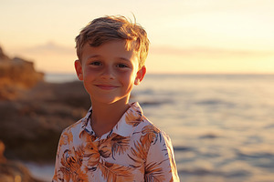 Young boy in floral shirt smiles by the ocean at sunset near rocky shoreline, a Person Photo by AlyaAnd