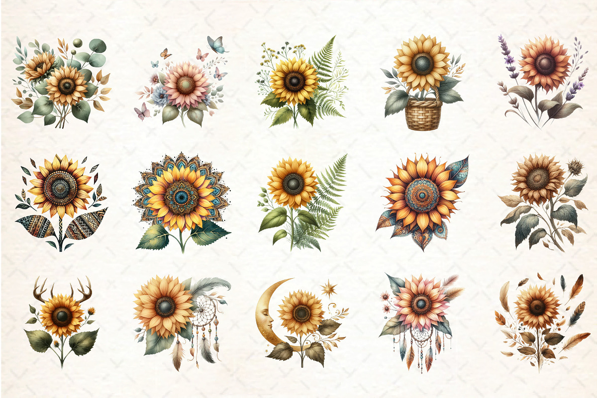 Sunflower Boho Clipart, an Illustration by DreamCafeArt (Photo 2 of 5)