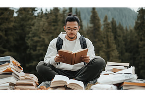 Asian man reading a book surrounded, a School & Education Photo by Sergey Kotenev