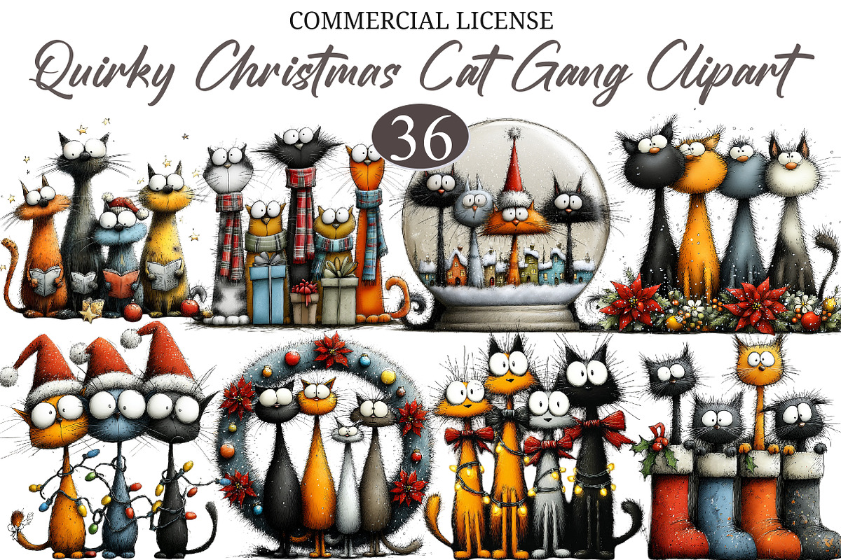 Quirky Christmas Cat Gang clipart, a Seasonal Illustration by designcity5 (Photo 1 of 5)