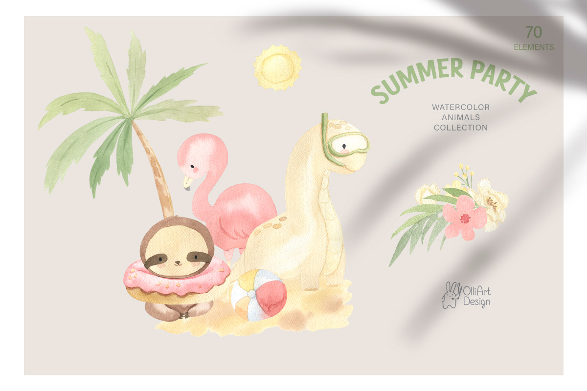 SUMMER PARTY. Watercolor animal set, an Animal Illustration by OlliArtDesign (Photo 10 of 10)