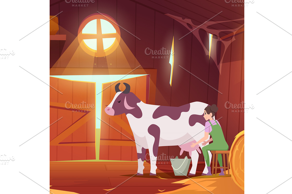 Milking cow. female farmer sitting, an Animal Illustration by Onyx
