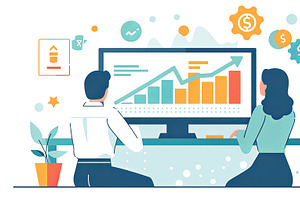 Two professionals analyzing financial growth charts on a computer screen, an Illustration by AS photostudio
