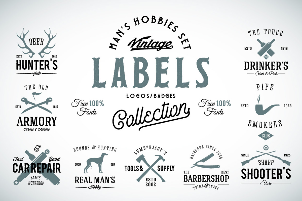 9 Vintage Labels for Men's Hobbies, an Illustration by Createvil (Photo 1 of 7)