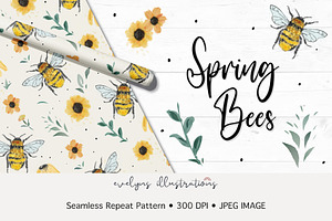 Spring Bees Seamless Pattern