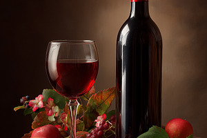 Red wine pouring from bottle into glass with fresh apples and grapes on rustic, a Food & Drink Photo by Studio ANNA