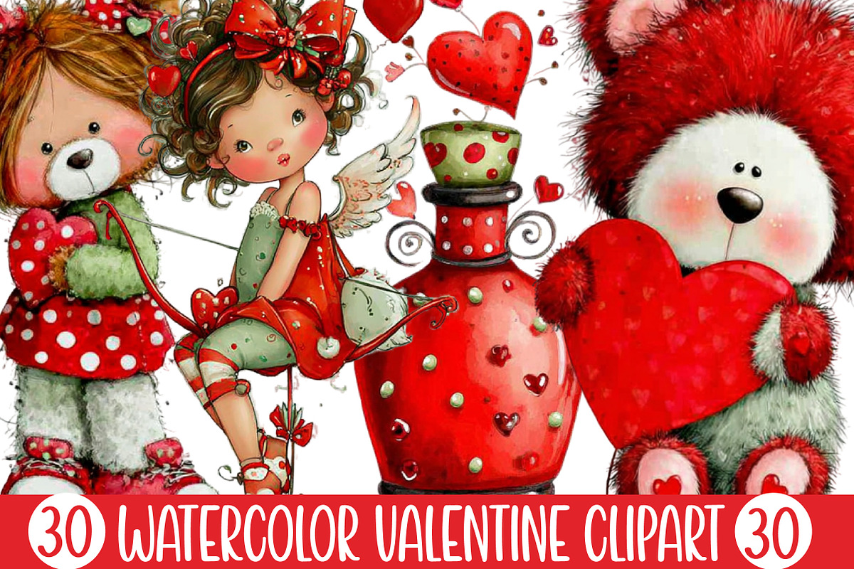 Watercolor Valentine Clipart, an Illustration by Designking (Photo 1 of 5)