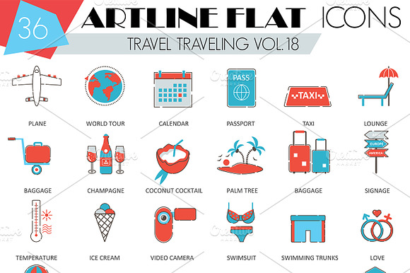 36 Travel Traveling Flat Line Icons
