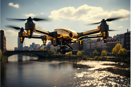 Urban Drone Flight Over City River, a Transportation Photo by Lermont51