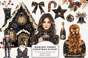 Midnight Cherry Christmas Clipart, an Illustration by NadiaTheronArt